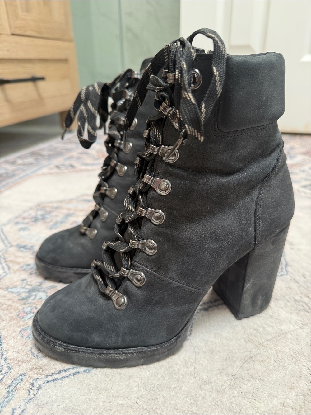 Gianni Bini Black Suede Lace-Up Block Heel Ankle Boots